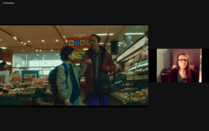 Zoom screenshot of attendees and image from shoplifters film