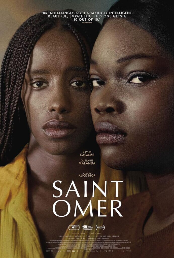 Movie poster for Saint Omer, showing two women framed close together, staring at the viewer.