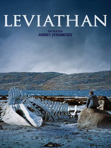 Movie poster for Leviathan, showing person sitting on rock in large body of water, staring at the skeleton of a massive fish.