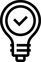 Line drawing of a lightbulb with a checkmark in its center.