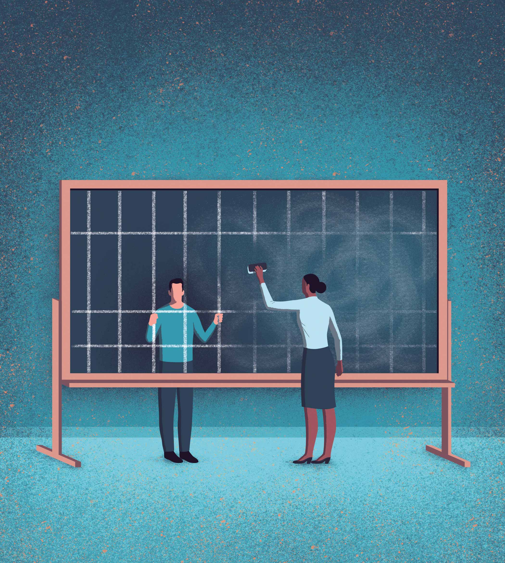 An illustration of a blackboard displaying chalk etchings of jail bars. A man behind the chalkboard peers through the bars, imprisoned, while a woman holding a chalkboard eraser removes the bars.