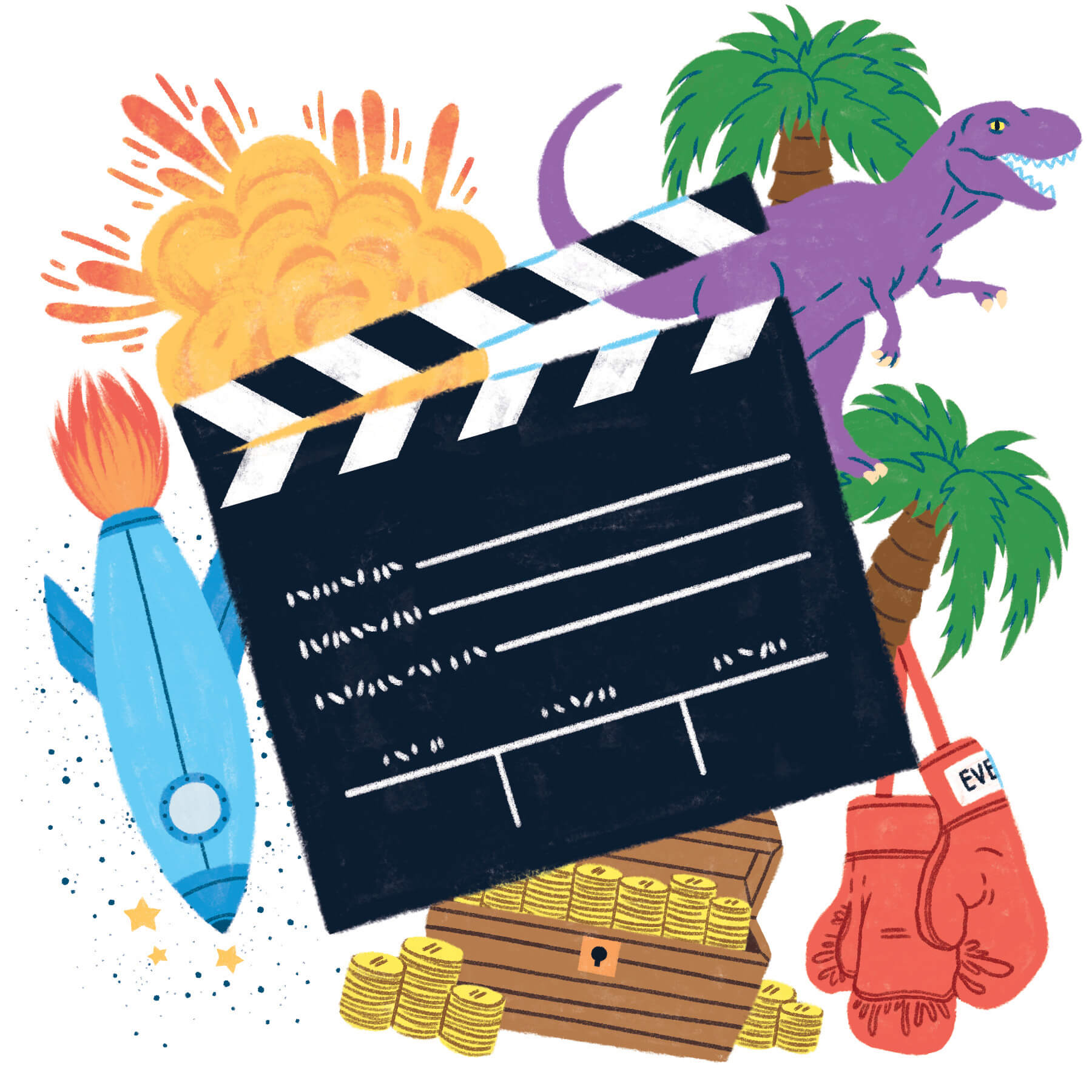 A clapperboard in front of a rocket ship, a t-rex, an explosion, two palm trees, and a pair of boxing gloves