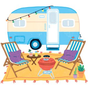A campsite set up in front of an RV