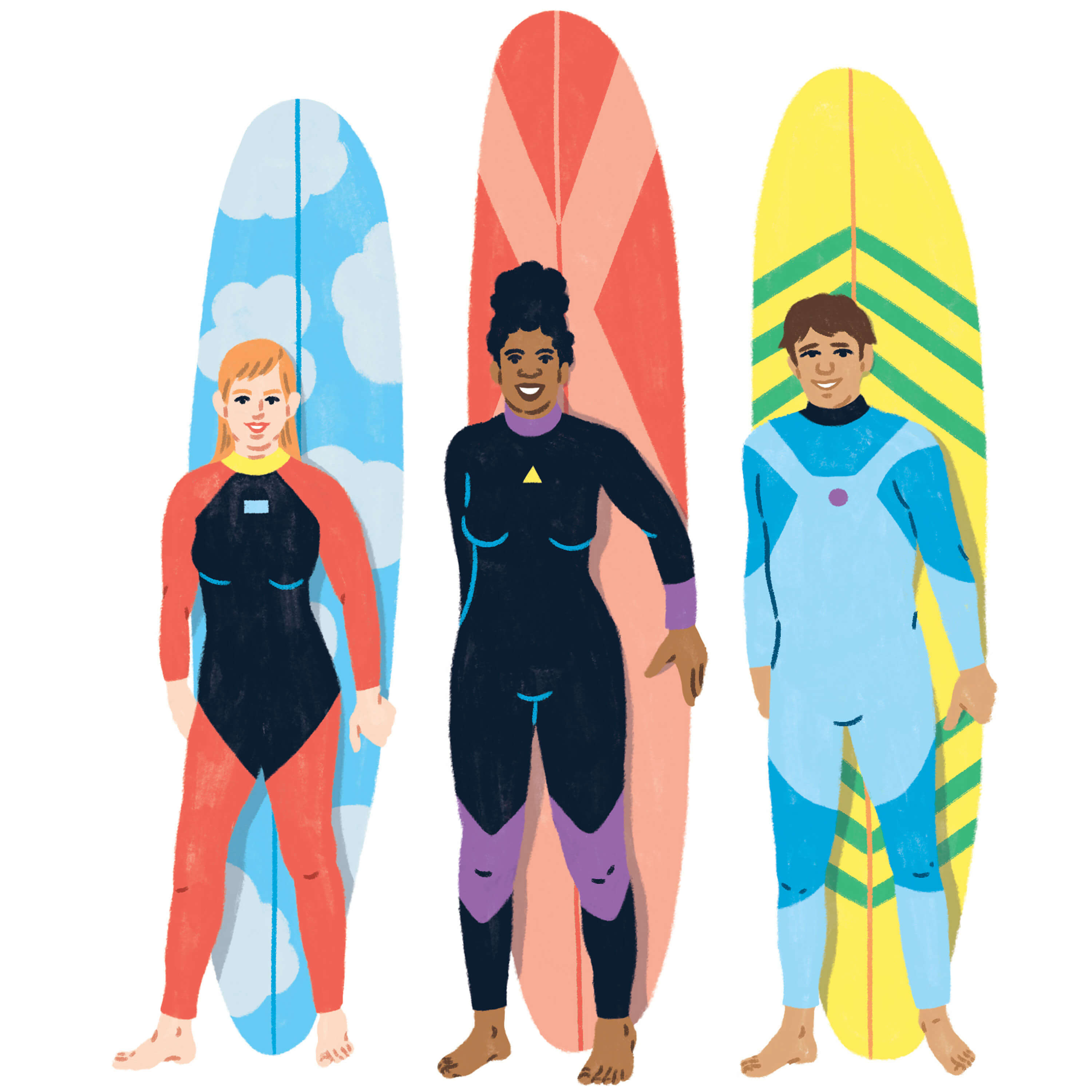 Three surfers leaning in front of their boards