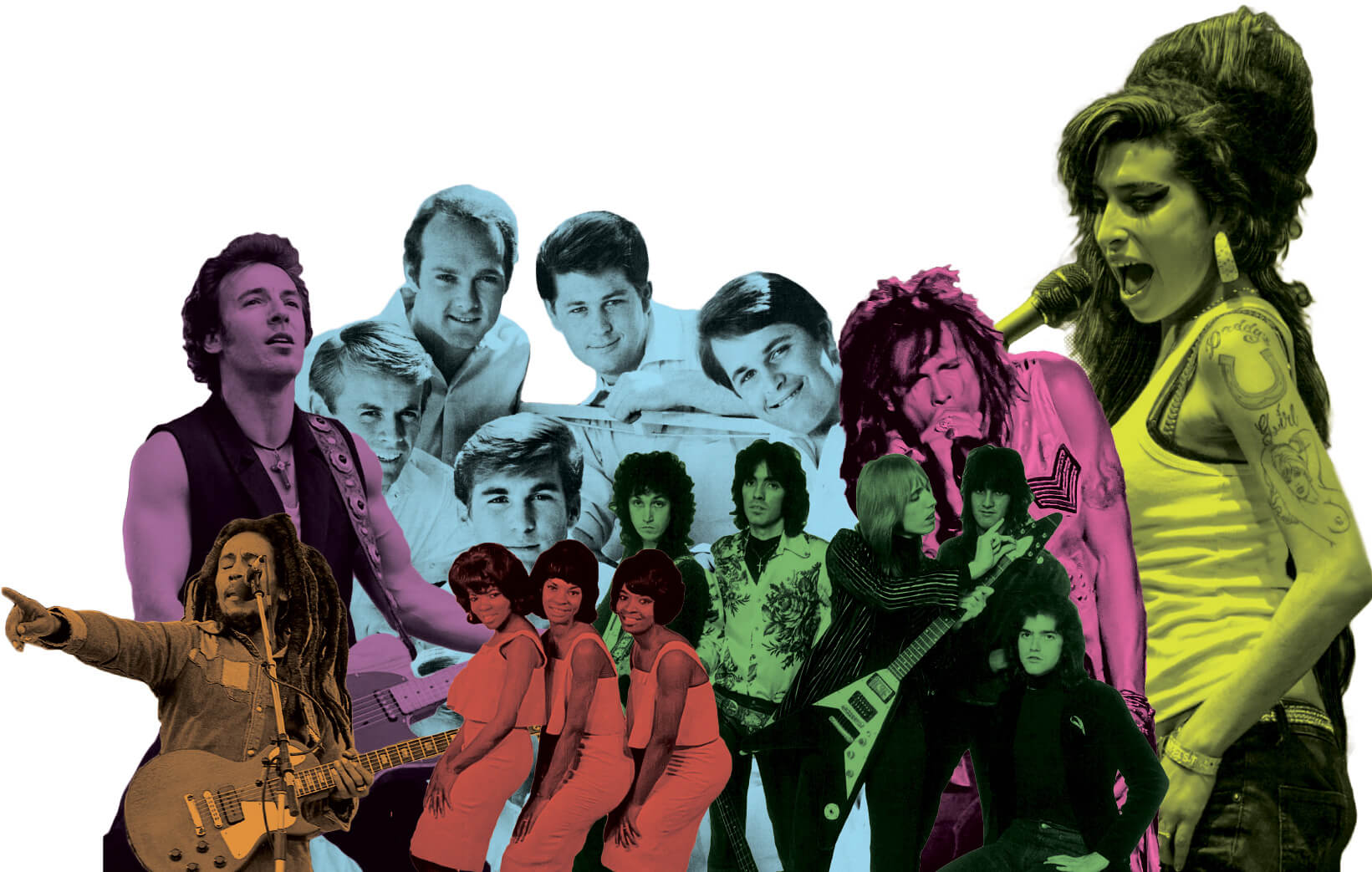 A montage of artists from this issue's playlist, including Bruce Springsteen, Bob Marley, and Martha and the Vandellas