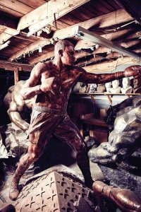 A sculpture of boxing legend Larry Holmes, mid jab