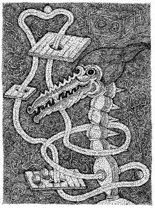 A pen and ink illustration of a nightmarish monster, sporting the head of an insect and wormy tentacles.