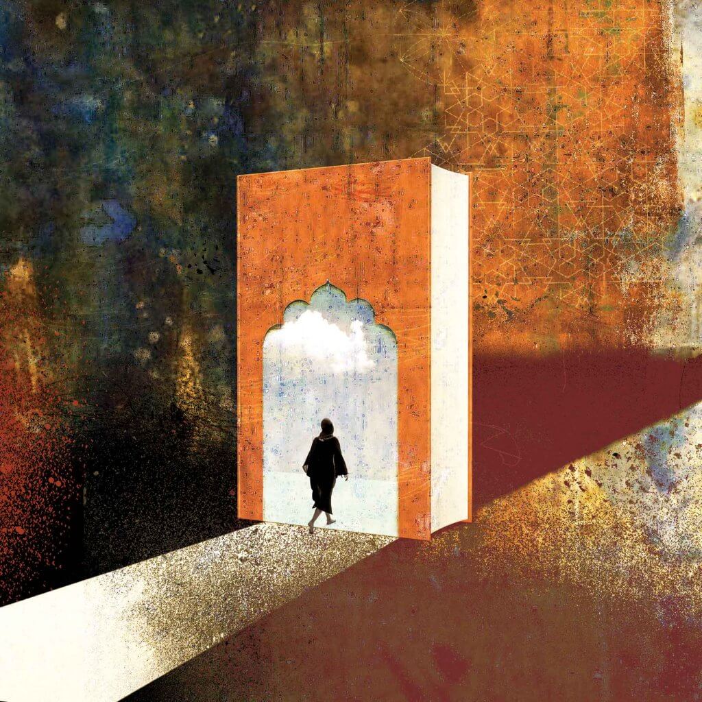 Illustration depicting a woman in a hijab walking into a book