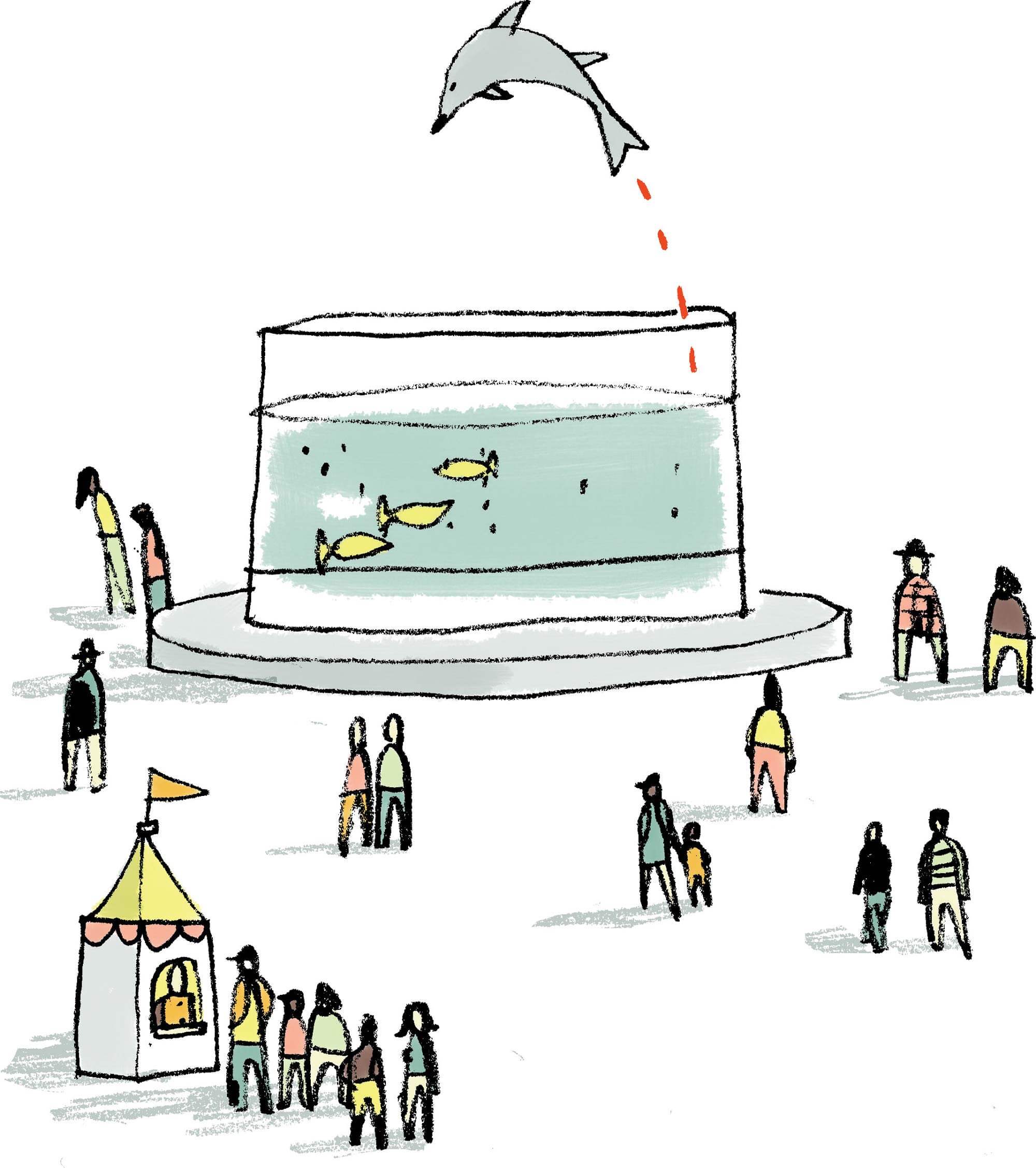 A dolphin hopping into the air from its tank, with people walking around the tank.