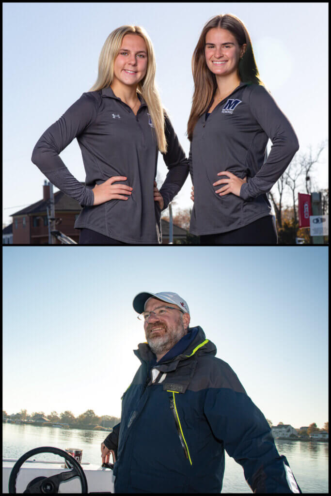 Top photo shows team captains Marissa McKenzie (left) and Kaitlyn Rice. Bottom photo shows Head Coach Scott Belford watching his team from a chase boat.
