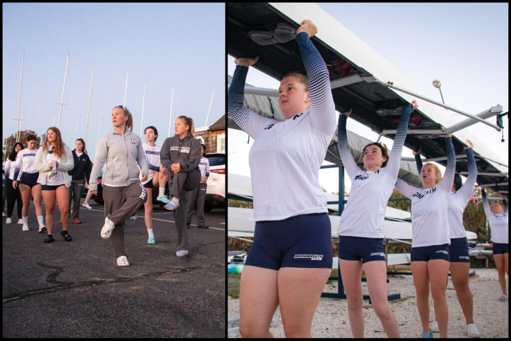 Top photo shows Monmouth rowers stretching before practice. Bottom photo shows team members carrying their boat to the water. 
