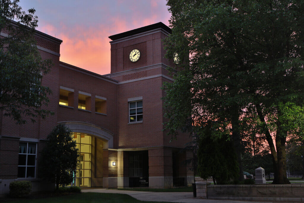 The Plangere Center clock tower at dusk