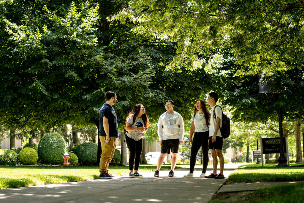 5 students talking on a walkway on Shadow Lawn