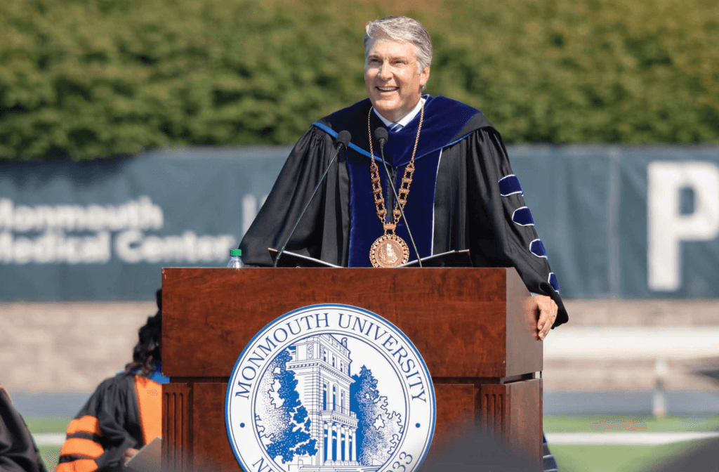 President Leahy speaking at a lectern during Commencement 