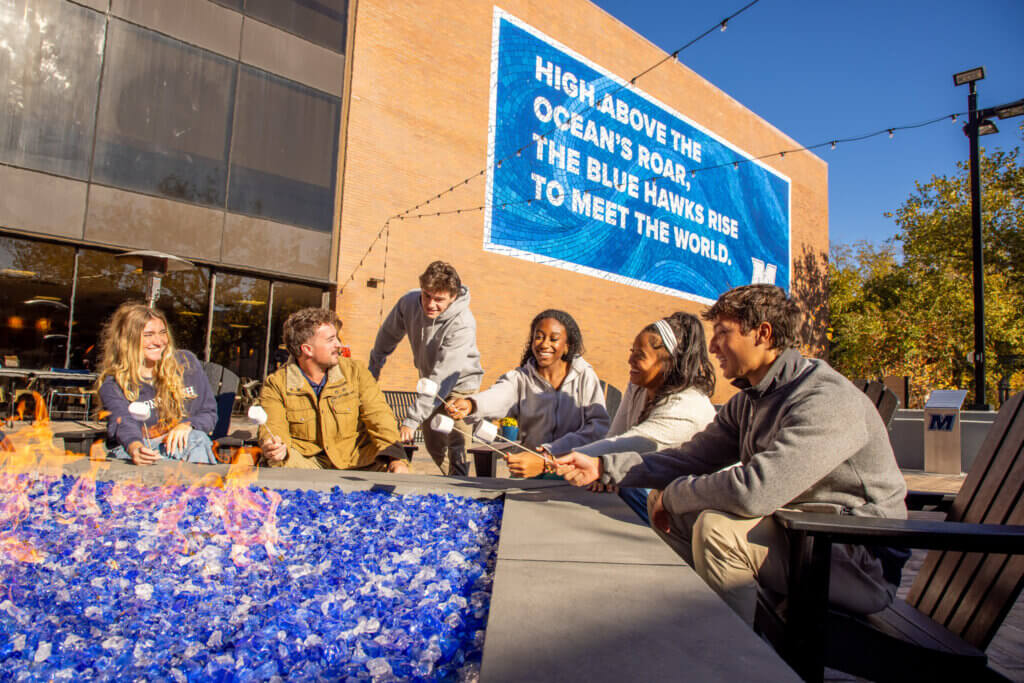 Students roast marshmallows over the fire pit in Nagy Common