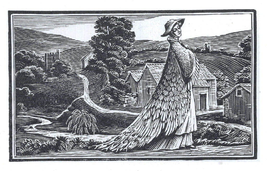 A photo of a wood engraving, engraved by Joan Hassall, showing a black and white scene of a woman walking in the countryside with a "coat of feathers" on as described in the Scottish fairy tale "Rashie Coat." 