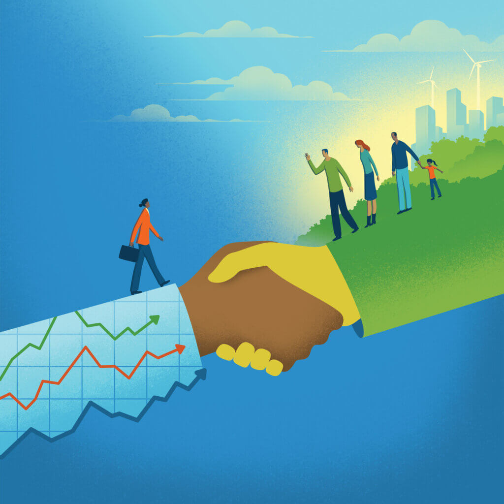 Conceptual illustration of two hands shaking—one covered in financial graphs, the other in green landscape—symbolizing the connection between profit and social impact
