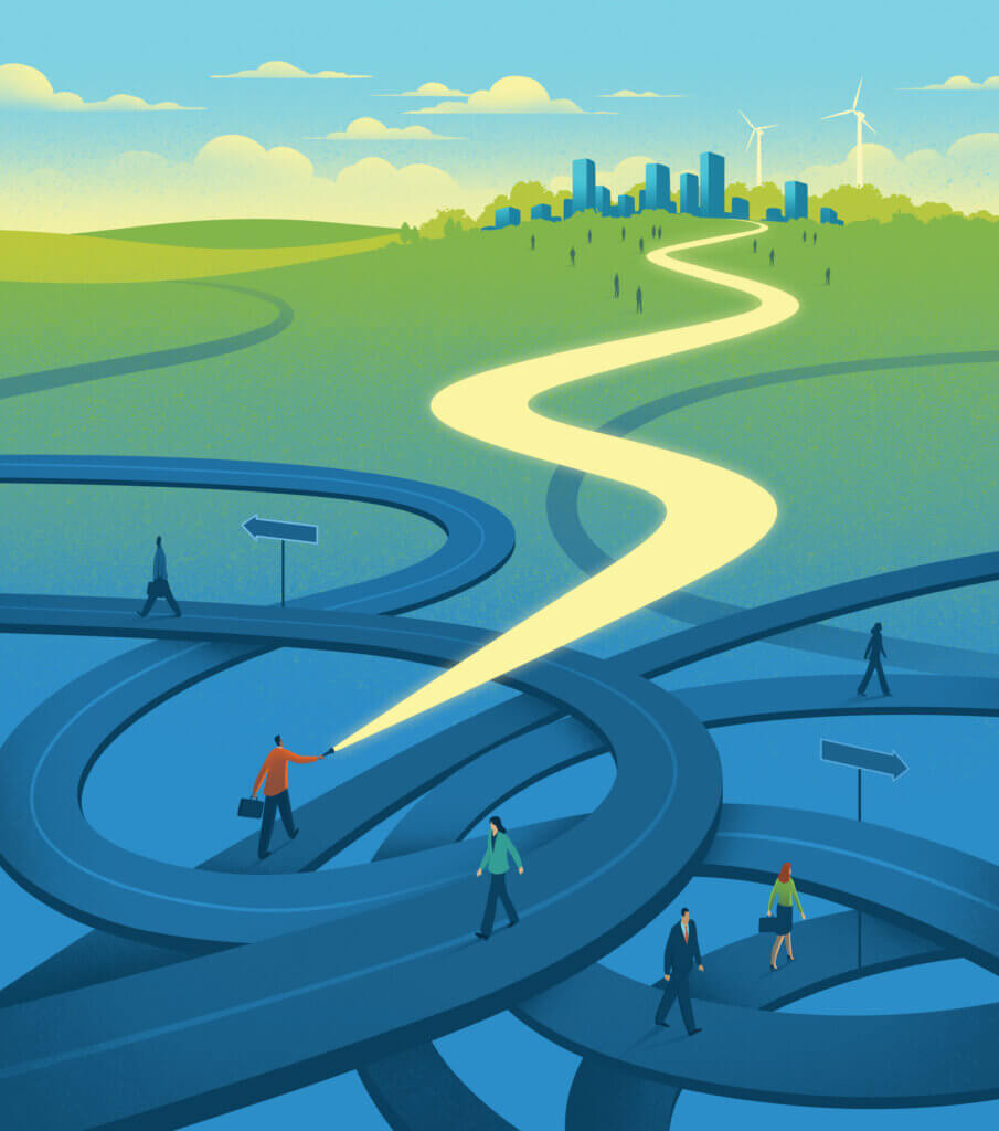 Conceptual illustration of people navigating a maze of twisting roads, with one person holding a light that illuminates a clear path toward a bright city skyline—symbolizing purpose guiding innovation and progress