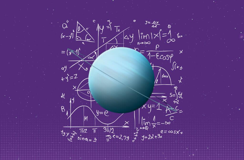 Illustration of a blue planet with rings set against a purple background filled with mathematical equations and graphs.