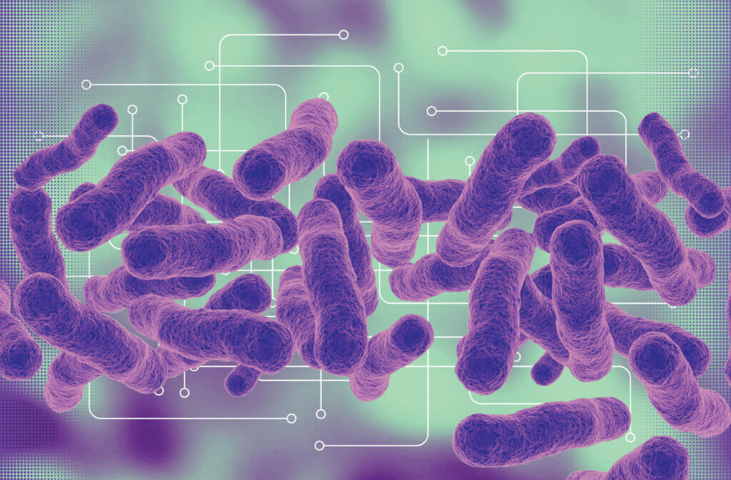 Illustration of bacteria overlaid with circuit-like graphics, symbolizing artificial intelligence in medical research