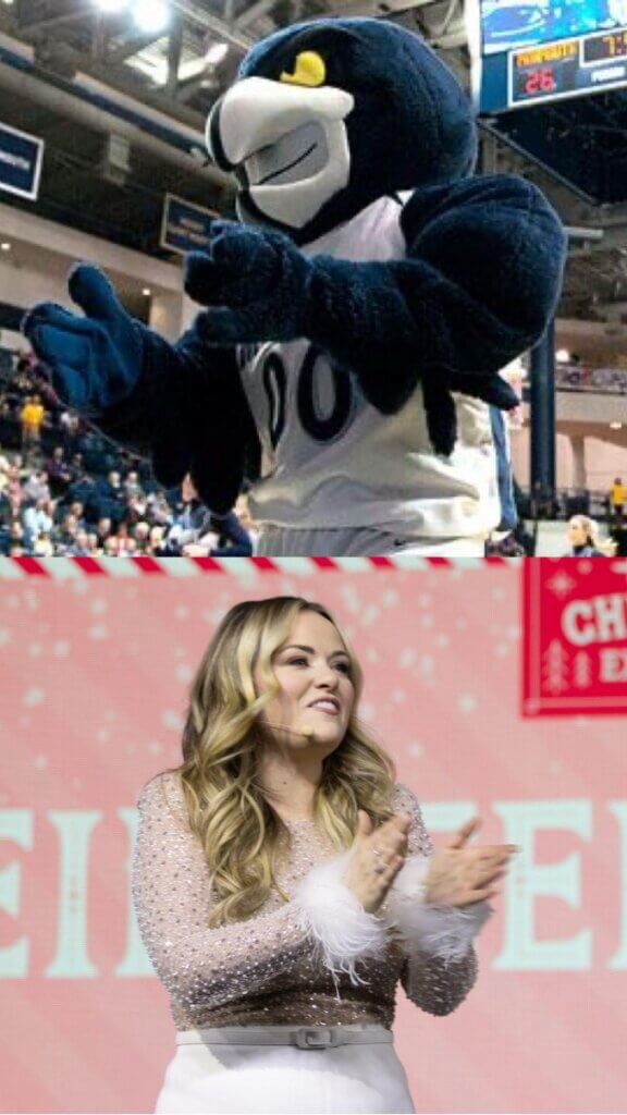 Two stacked photos: Shadow on top, and Van Tine speaking on stage below