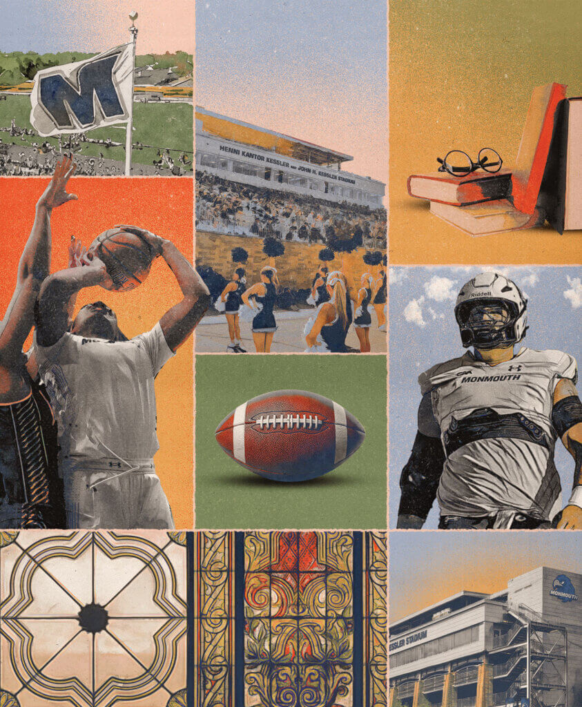 Conceptual illustration highlighting the intersection of athletics, academics, and campus life at Monmouth University.