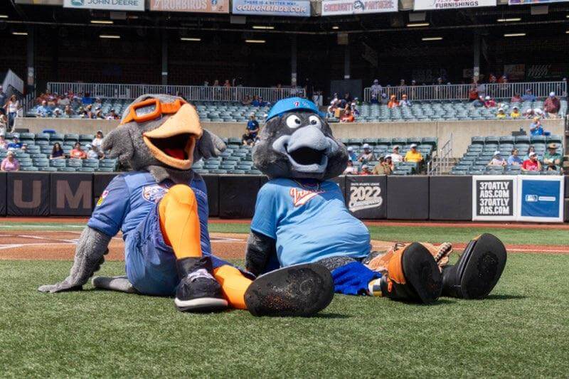 Two Aberdeen IronBirds baseball team mascots, Ripcord and Ferrous, sitting side by side in uniforms on a baseball field.