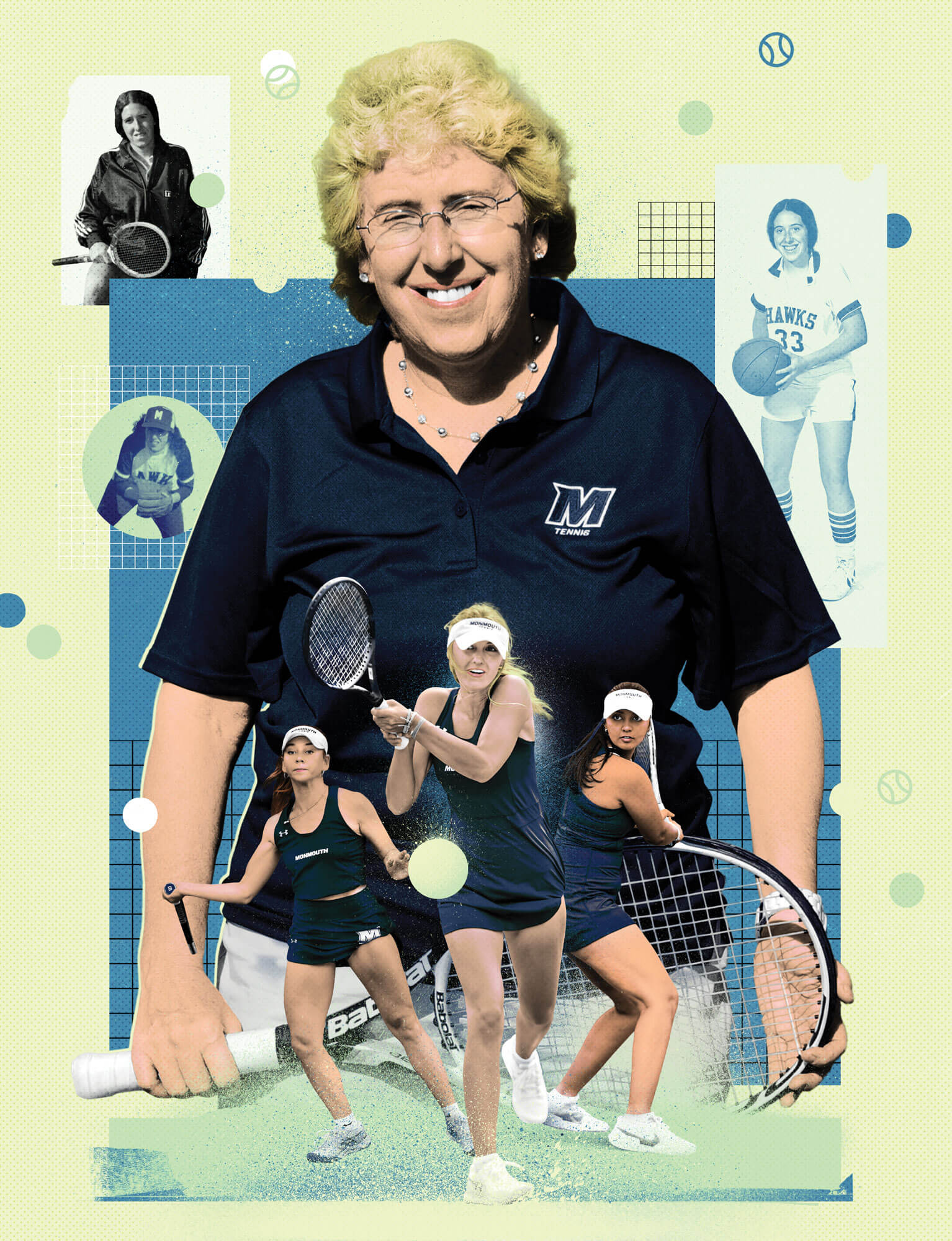Photo illustration of Patrice Murray surrounded by images from her playing and coaching career, including current and past Hawks tennis players