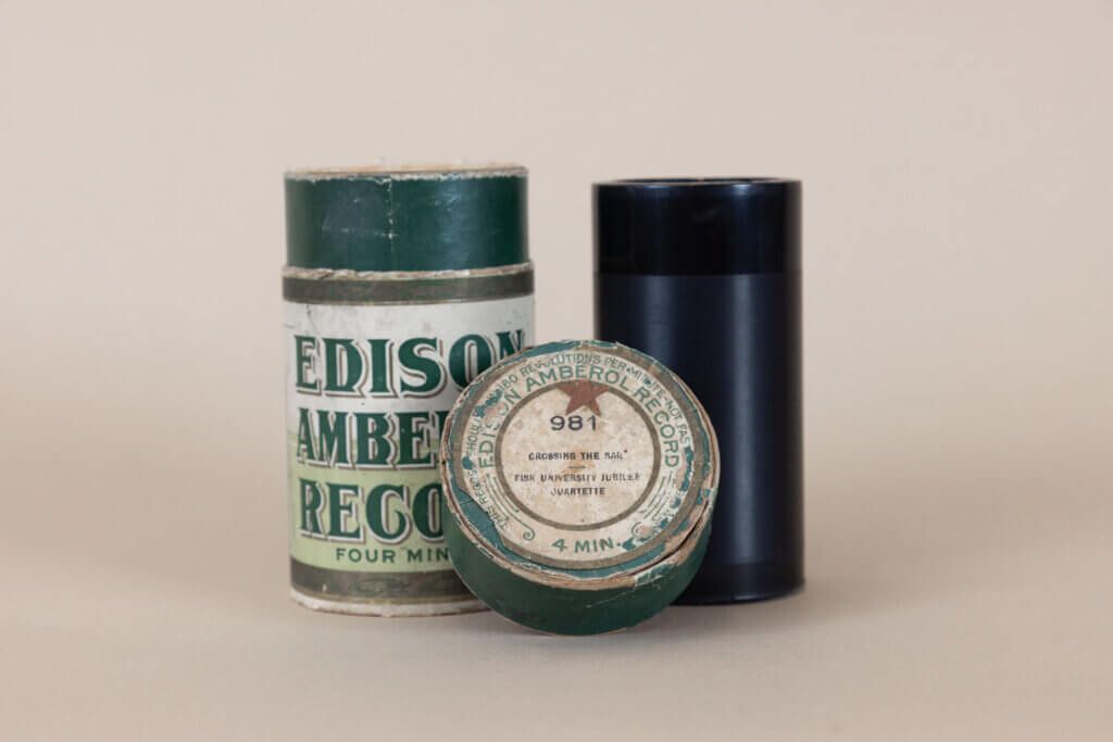 Edison Amberol record cylinder and case used to play early recordings, including music by the Fisk Jubilee Singers.