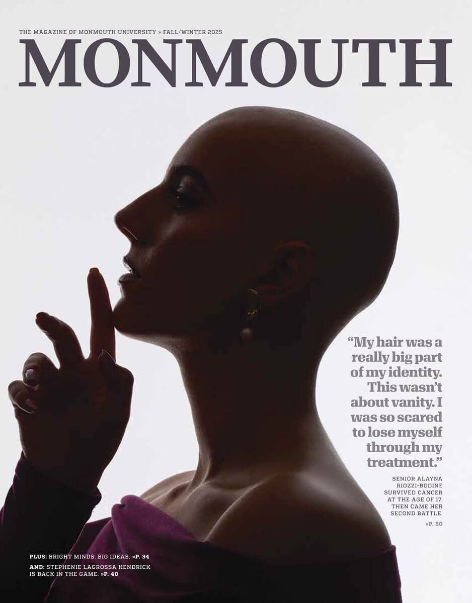 Monmouth Magazine Fall/Winter 2025 cover featuring senior Alayna Riozzi-Bodine in a silhouetted profile after cancer treatment.