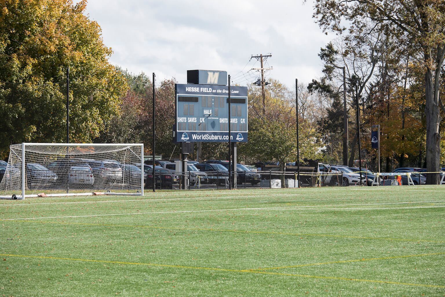 Photo of a goal and the scoreboard of Hesse Field