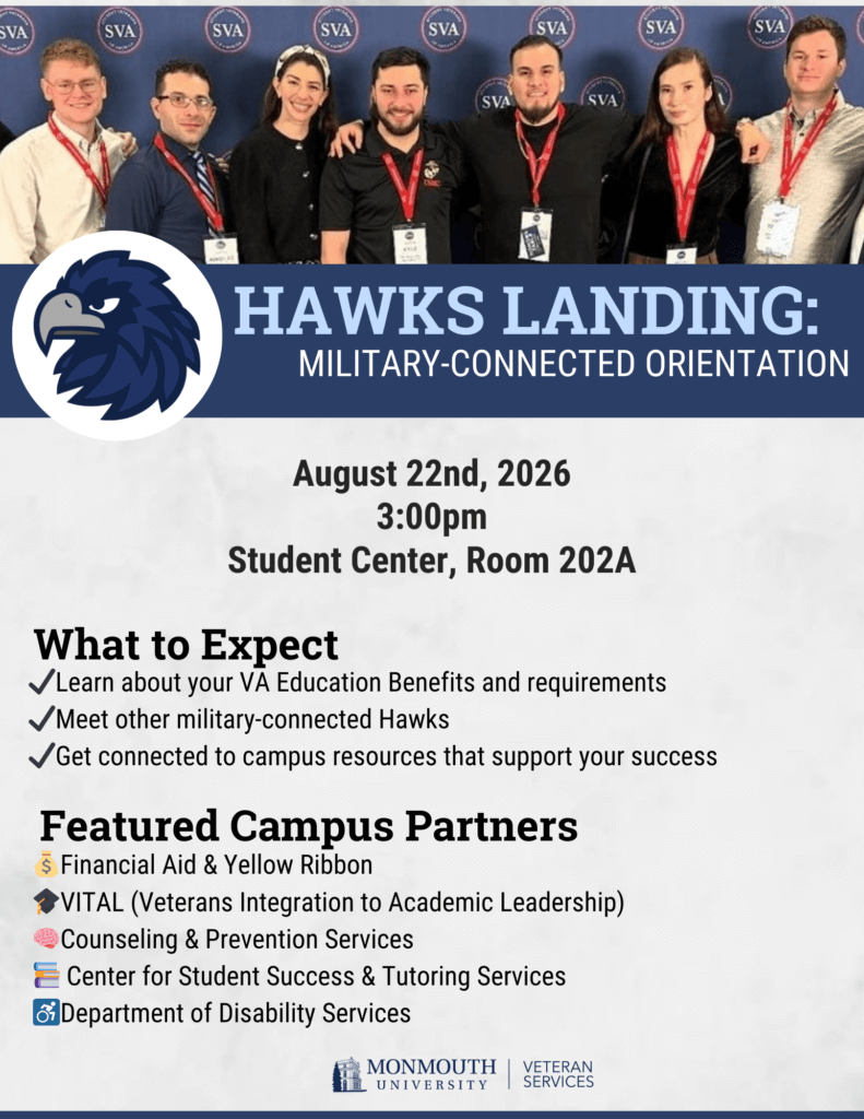 Picture of students against SVA backdrop dressed in business casual. Flyer detailing Hawks Landing; military-connected New Student Orientation