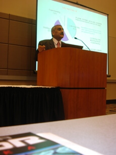 Photo shows Prof. Obaidat giving his keynote speech of the State of Nebraska’s NRNC 2011 Conference.