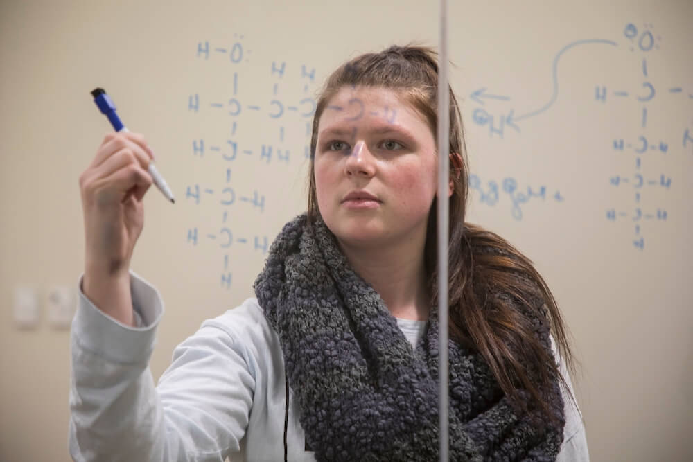 Photo shows an MU student working on a formula in one of the new laboratories in the renovated Edison Science Building.