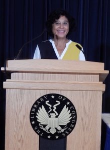 Photo of Priscilla Gac-Artigas, Ph.D., delivers a paper at the second North American Academy of the Spanish Language Conference held at the Library of the Congress, Oct. 5-7, 2018.