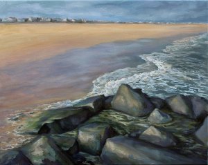 A painting of waves lapping on a sandy beach with a rock jetty in the foreground