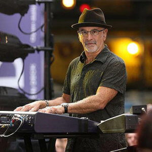 A photo of Roy Bittan looking at the camera while playing keybard at a concert. 