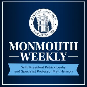 Logo for Monmouth Weekly Podcast with President Leahy with image of Monmouth University seal