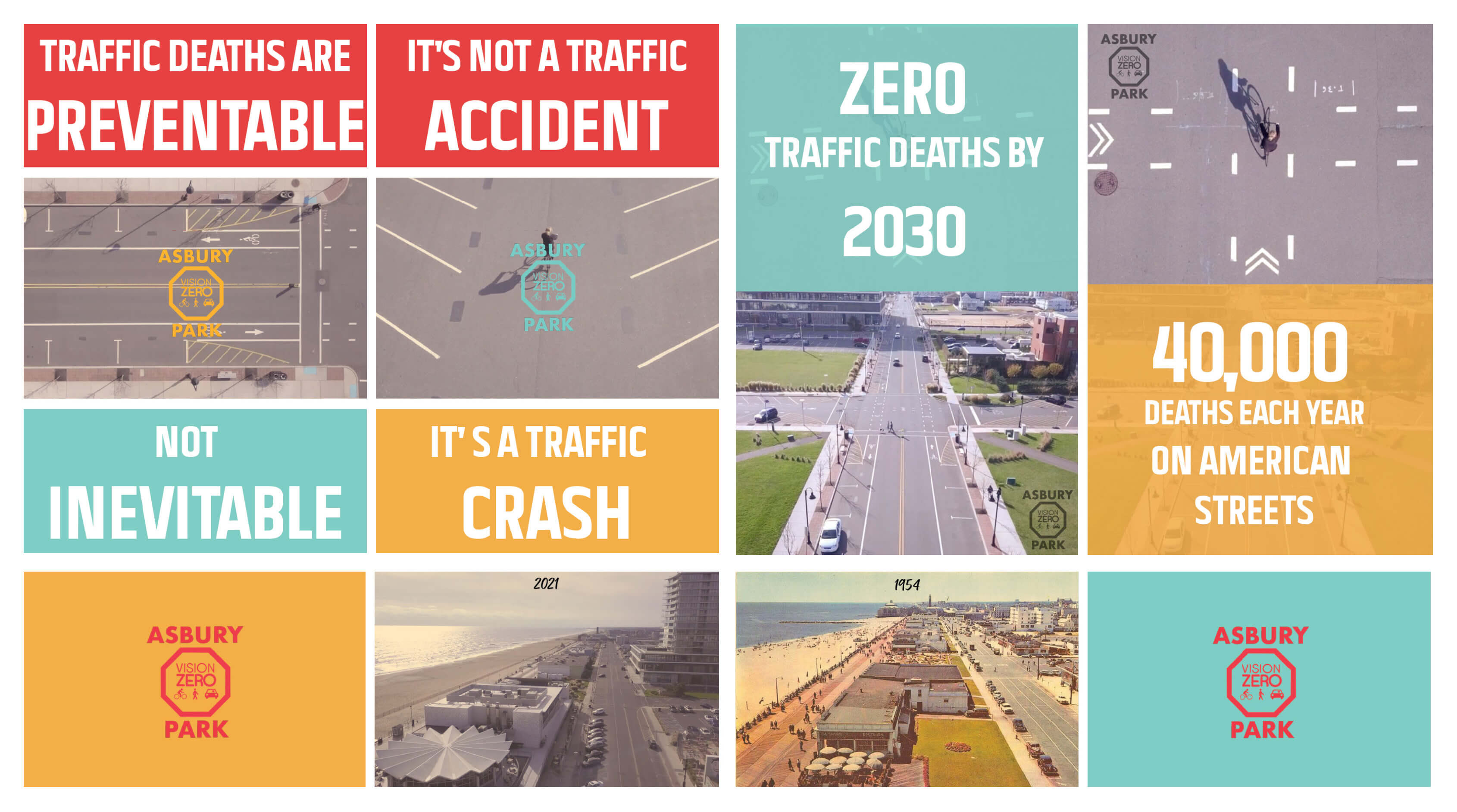 Poster by graduate students Skylar Smith and Stella Clark - Traffic Deaths Are Preventable - click or tap image to access web site for Asbury Park Complete Streets Coalition