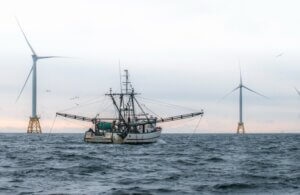 Trawler near wind turbines
