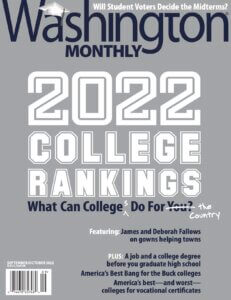 Cover of Washington Monthly 2022 college rankings