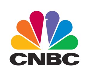 Multicolored CNBC logo resembling a peacock with plumage unfurled