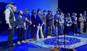 Original E Street Band members Vini Lopez, far left, David Sancious, center, and Garry Tallent, far right, performed “Greetings From Asbury Park, N.J.” songs with other New Jersey musicians at The Pollak Theatre at Monmouth University, Jan. 7.