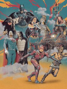 Illustration of comic book superheroes standing near to counterparts from literature, Bible, or Greek mythology; The Flash next to Hermes; Superman next to Moses, etc.
