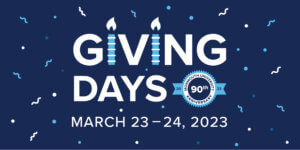Giving Days 2023 logo in navy and white with blue and white confetti, including the dates March 23-24, 2023.