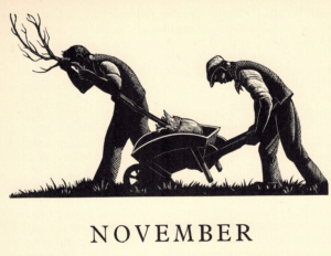 Woodcut illustration titled, November, showing two farmers in profile facing left. One is pushing a wheelbarrow containing a tree to be planted
