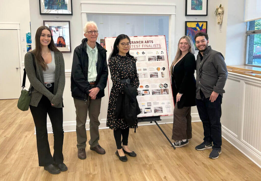 Long Branch Arts Logo Contest Student Winners and Professors—Emily Lopes (’23, Winner), Dr. Frederick McKitrick (Chair of the Department of Art and Design), Professor Jing Zhou (Graphic and Interactive Design), Jordan Bush (’23, Runner-Up), and Thomas Jaworski (’23)