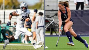 Composite image of male football player and female field hockey player