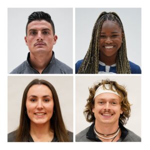 Faces of four student athletes; two men and two women, presented in a grid format