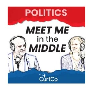 Stylized logo for Meet Me in the Middle Podcast with a man and woman speaking into microphones speaking to each other